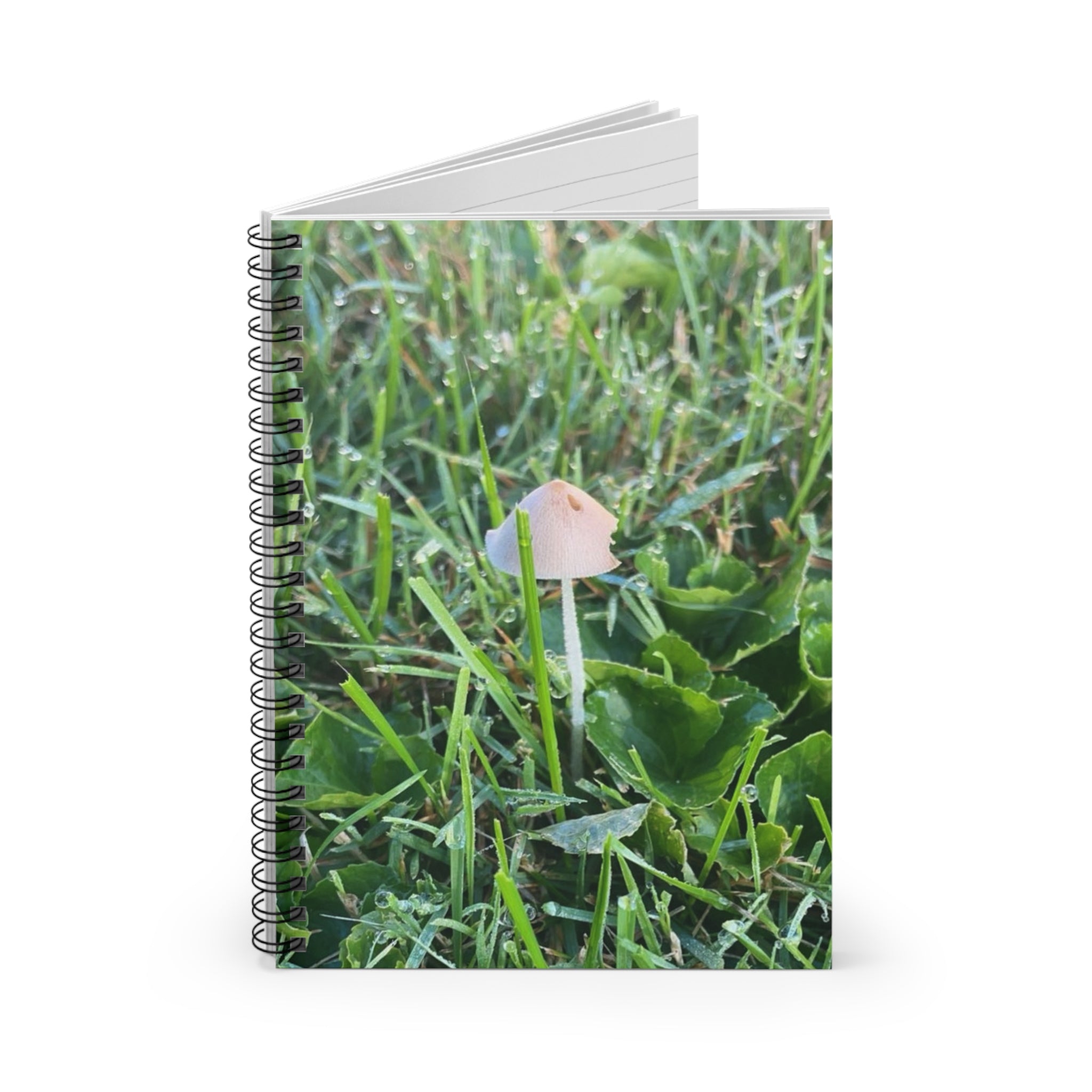 Tiny Mushroom in Dew Spiral Notebook — Nature Journal, Lined Notes for Gardeners & Nature Lovers