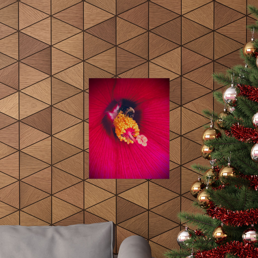 Floral Close-Up Matte Poster — Red Hibiscus with Bee
