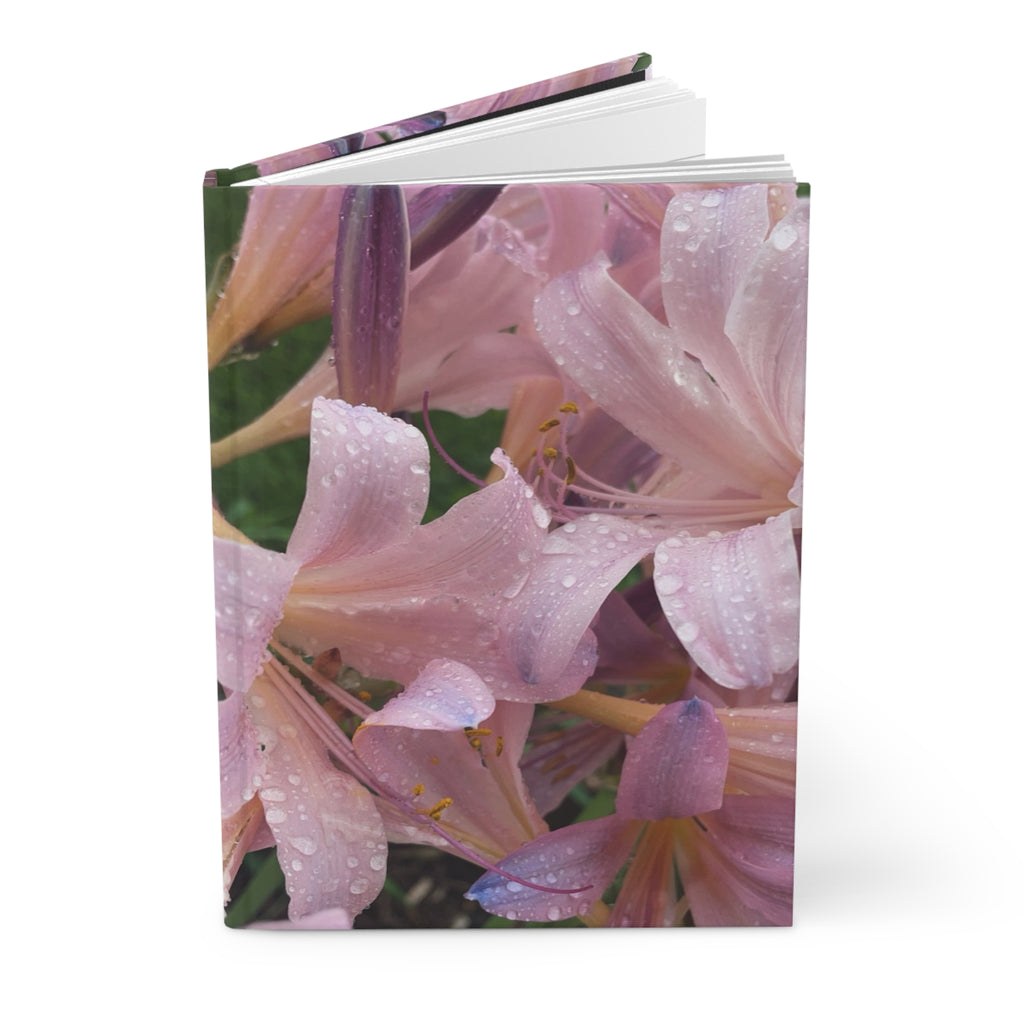 Pink Rain Lily Hardcover Journal — Floral Notebook with Dew-Kissed Blooms