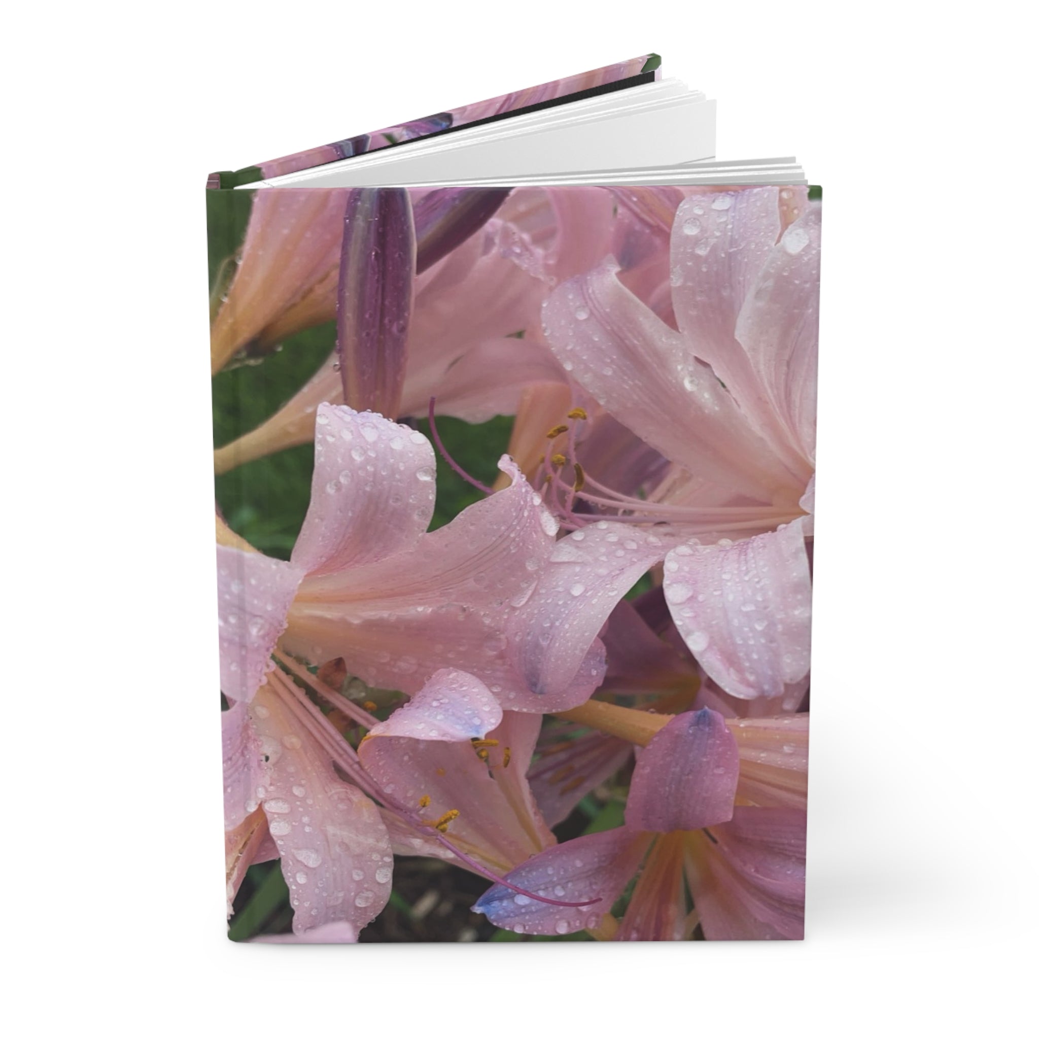Pink Rain Lily Hardcover Journal — Floral Notebook with Dew-Kissed Blooms