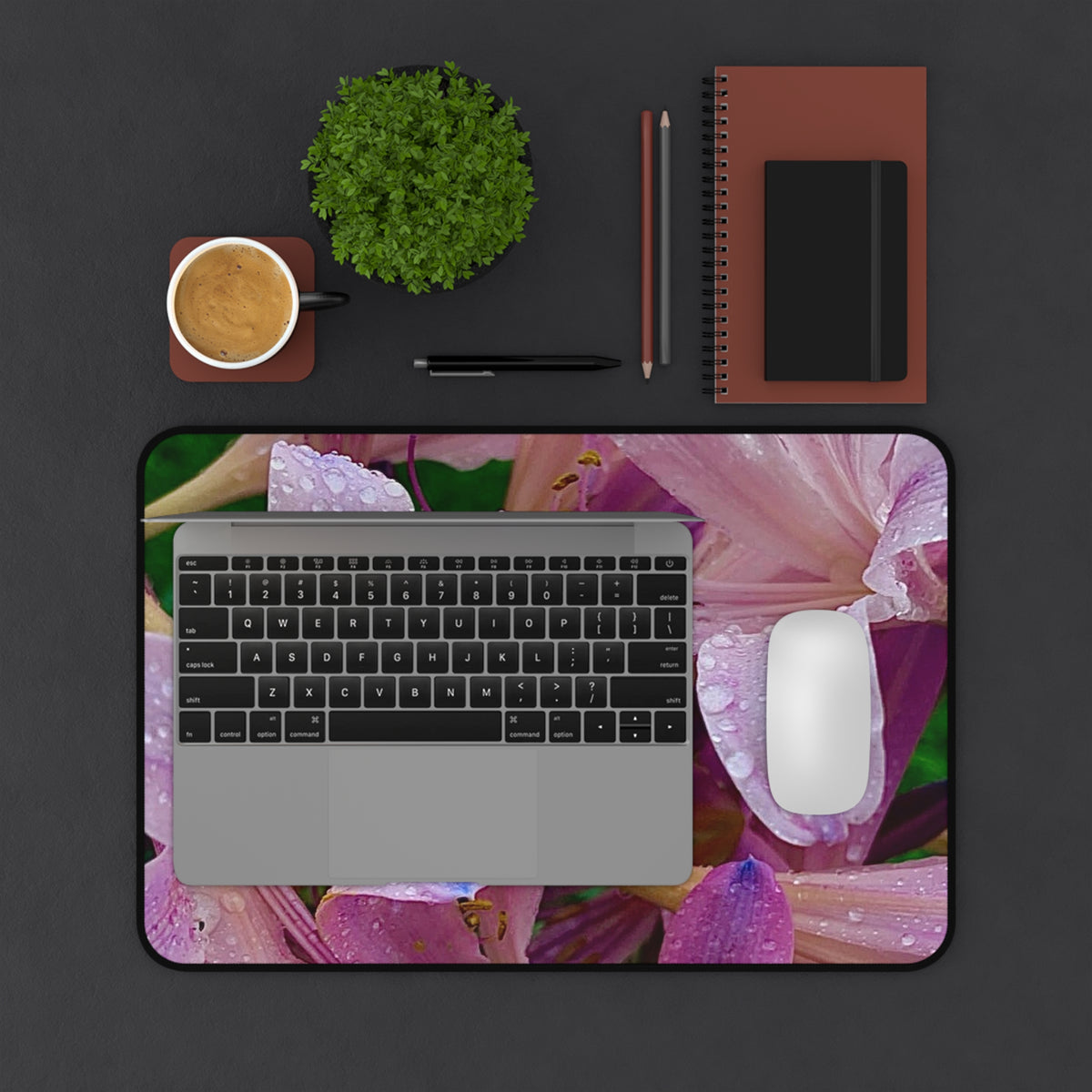 Rainy Pink Lilies Desk Mat